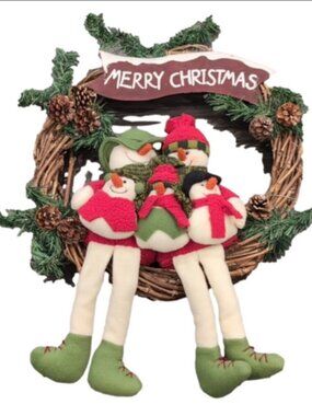 16 Merry Christmas Grapevine Wreath Plush Snowman Family Holiday Decor